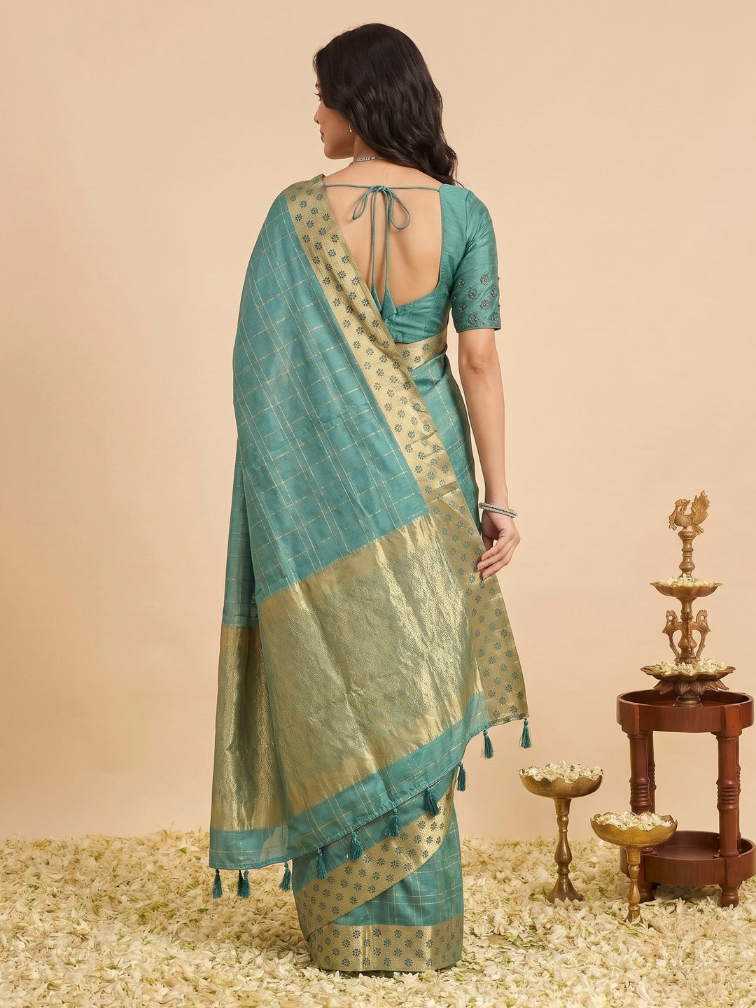 Sea Green Tussar Embroidered Sarees