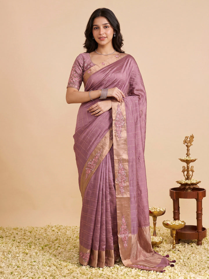 Dusty Pink Tussar Embroidered Sarees