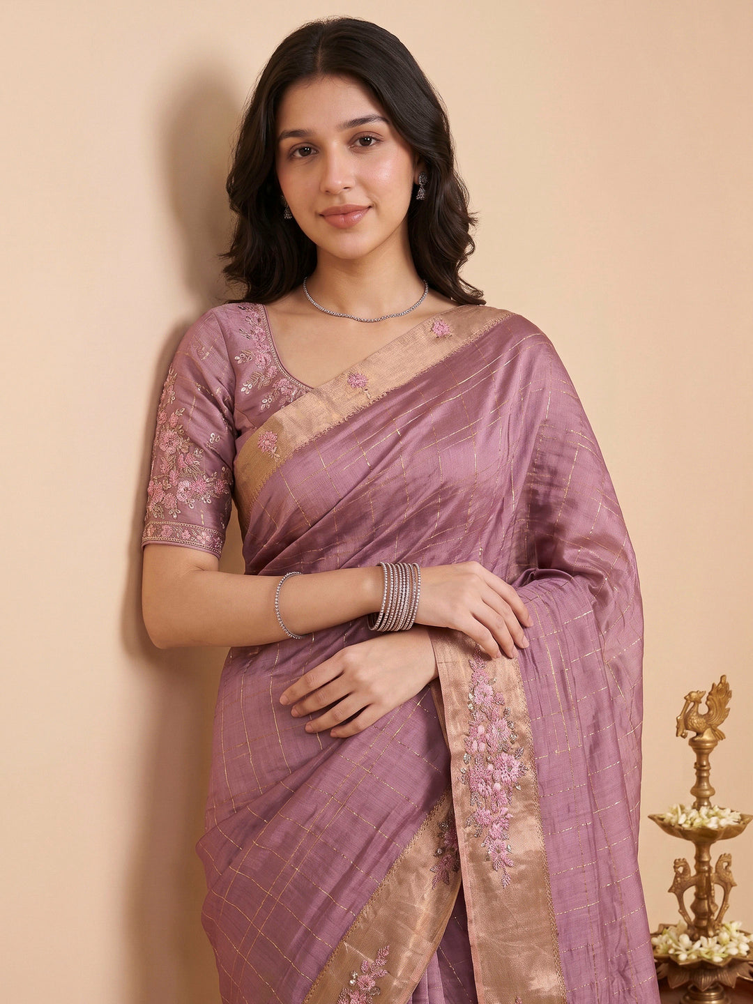 Dusty Pink Tussar Embroidered Sarees