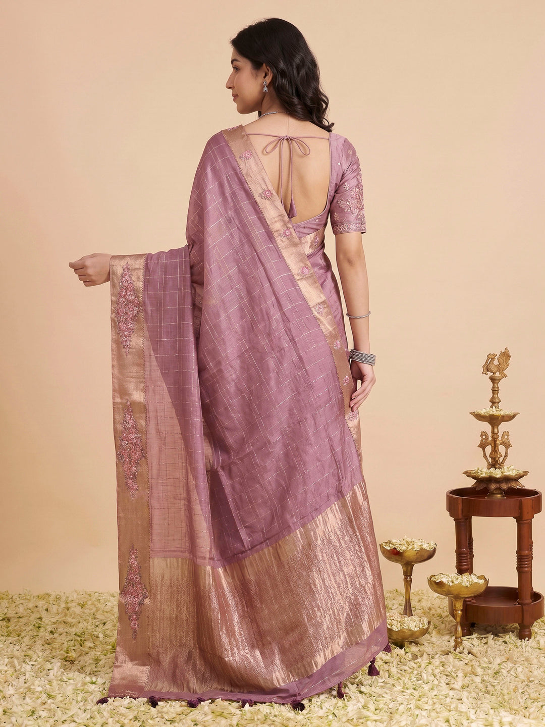Dusty Pink Tussar Embroidered Sarees