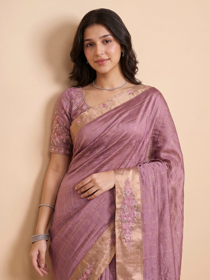 Dusty Pink Tussar Embroidered Sarees