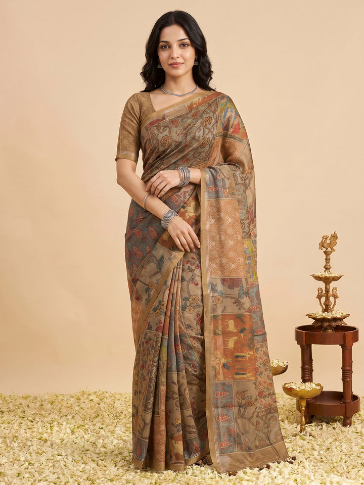 Beige Art Silk Printed Sarees