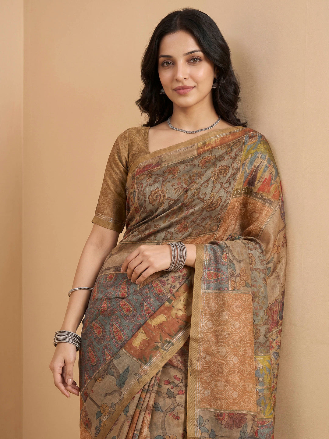 Beige Art Silk Printed Sarees