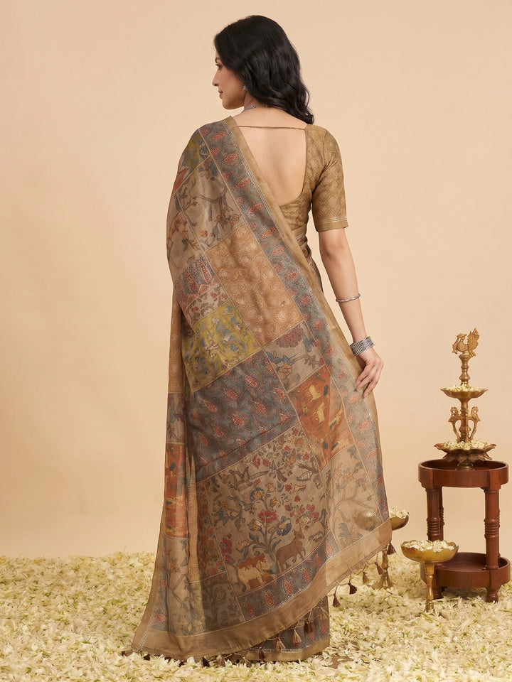 Beige Art Silk Printed Sarees