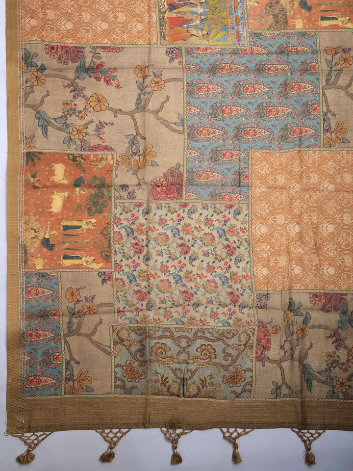 Beige Art Silk Printed Sarees