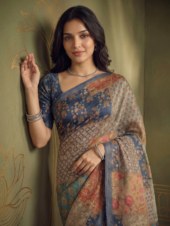 Grey Art Silk Printed Sarees