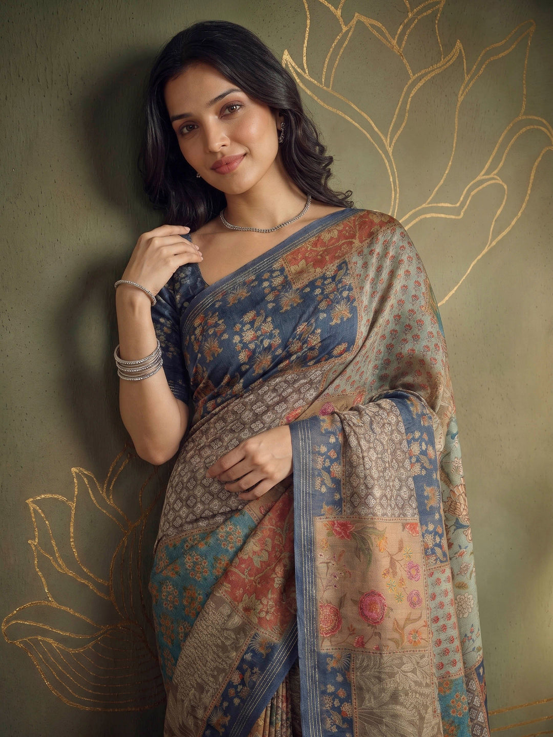 Grey Art Silk Printed Sarees