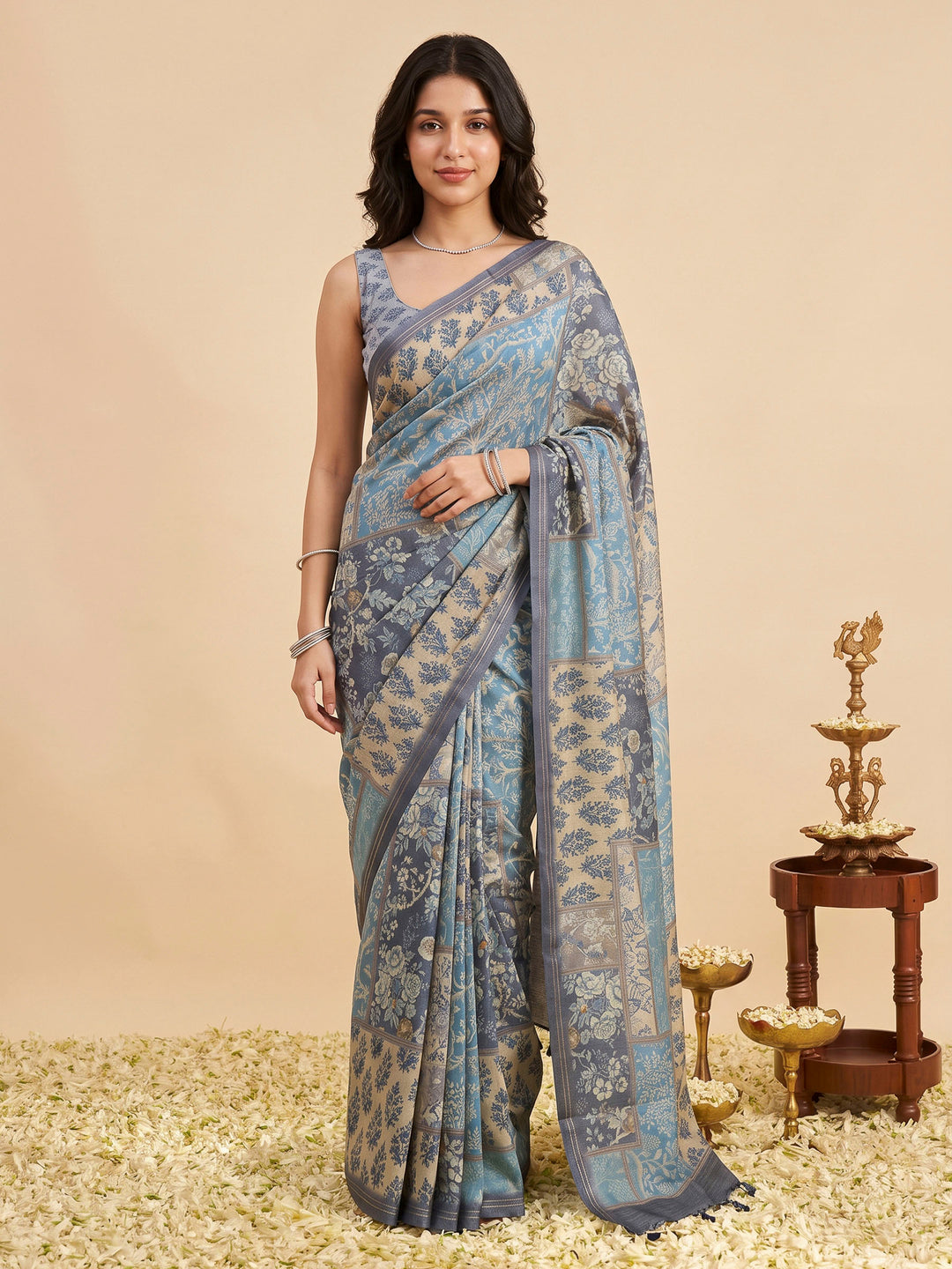 Sky Blue Art Silk Printed Sarees