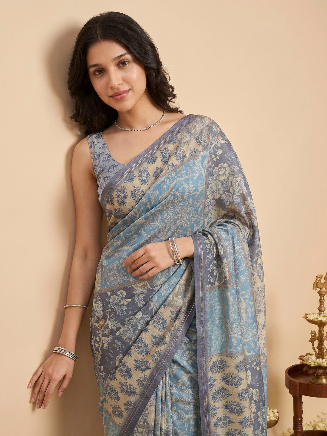 Sky Blue Art Silk Printed Sarees