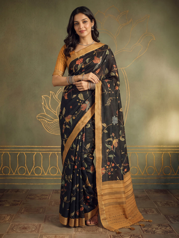 Black Art Silk Printed Sarees