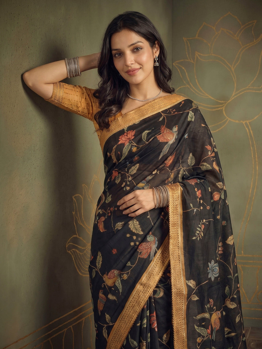 Black Art Silk Printed Sarees
