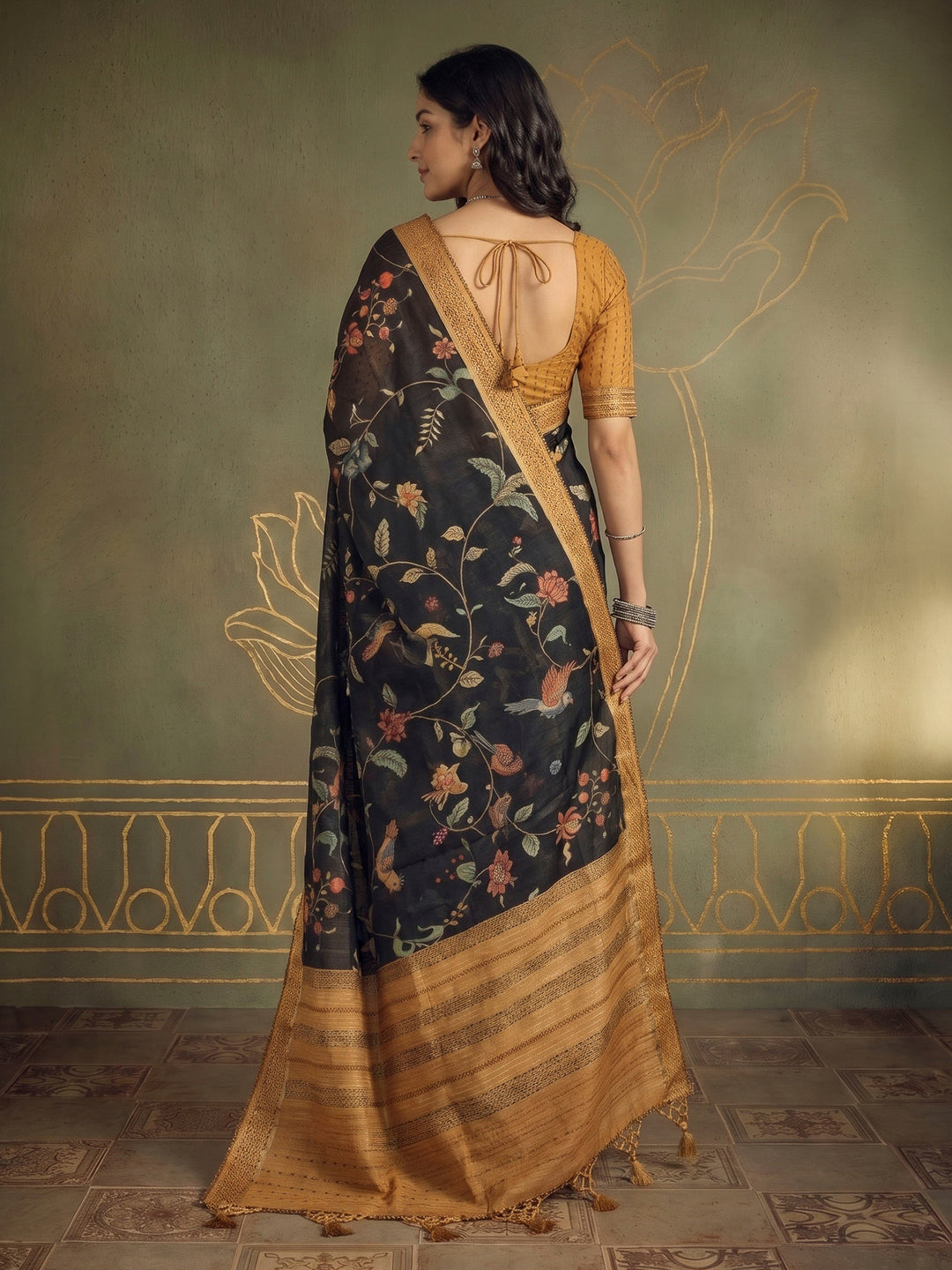 Black Art Silk Printed Sarees