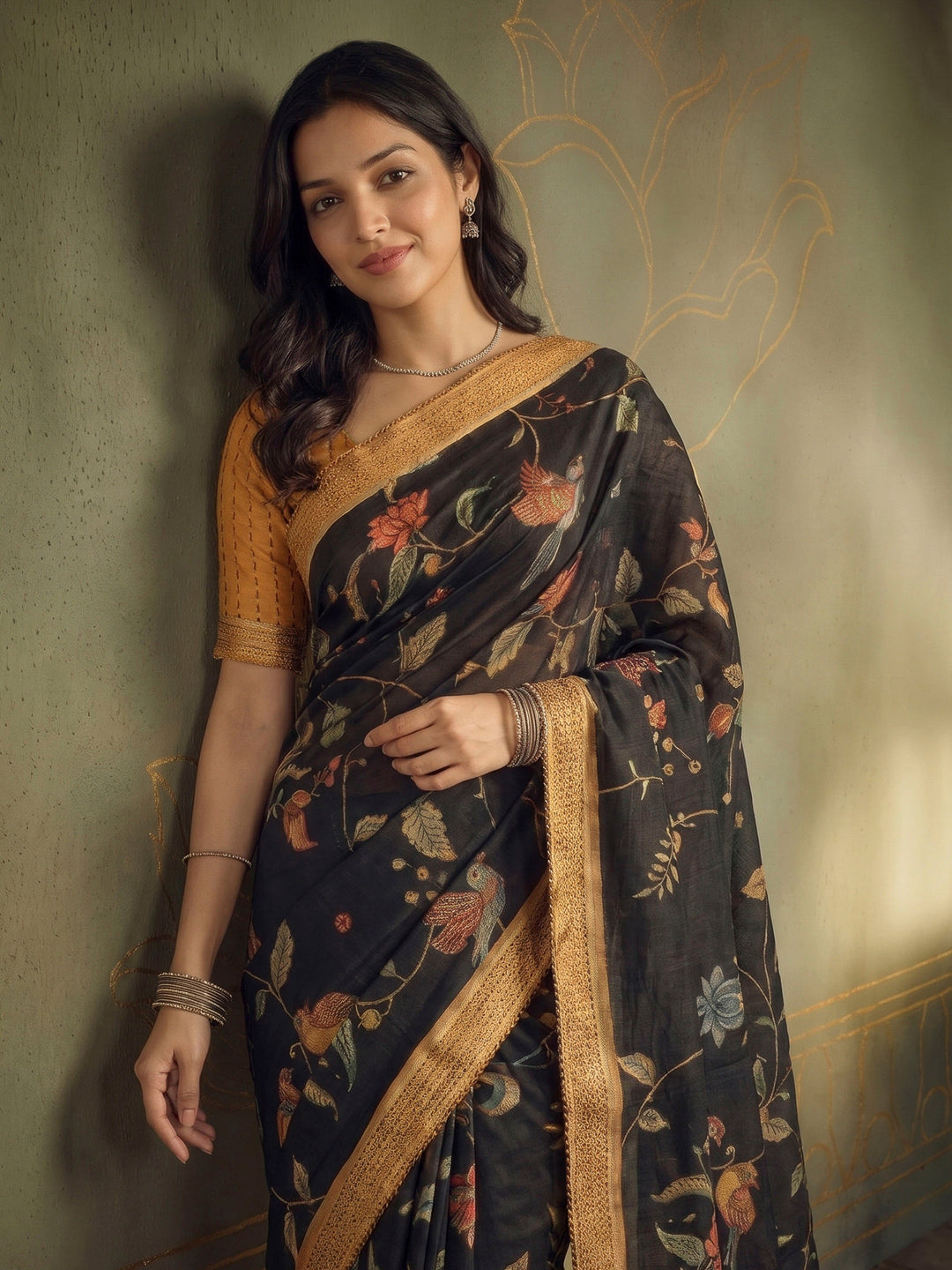 Black Art Silk Printed Sarees