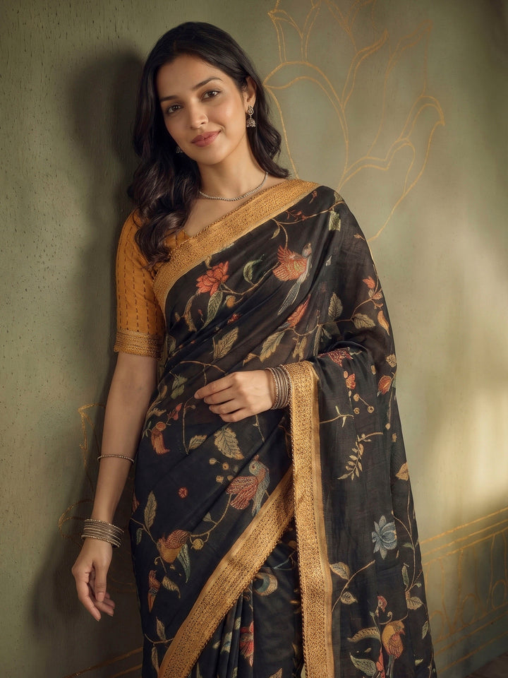 Black Art Silk Printed Sarees