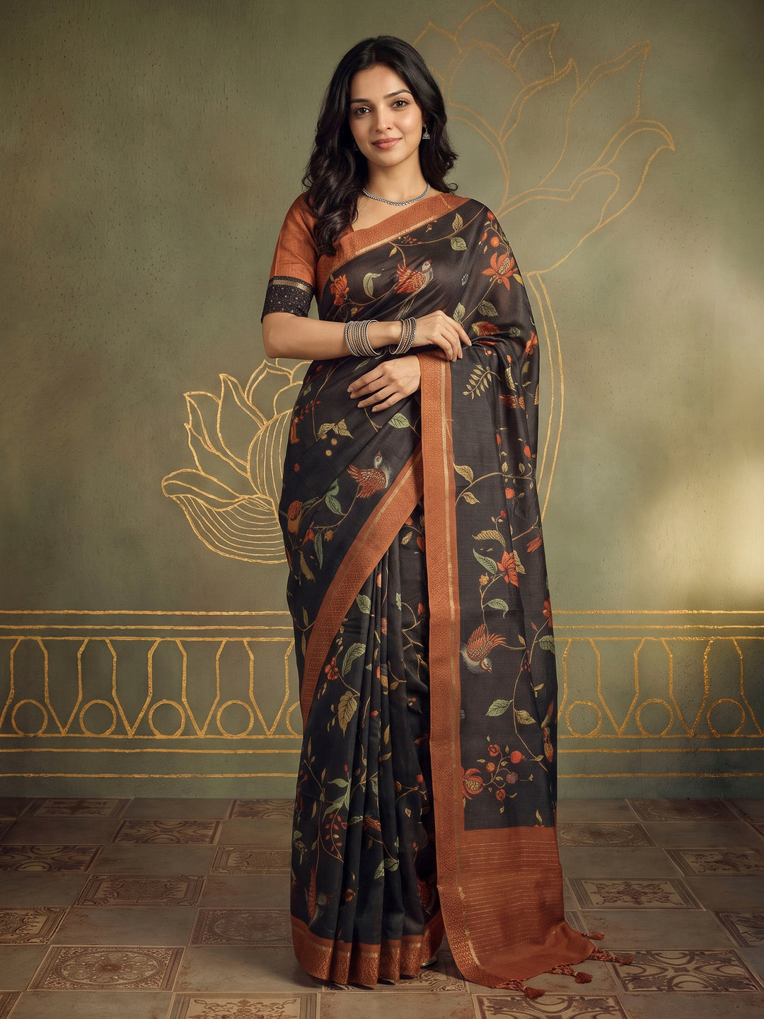 Grey Art Silk Printed Sarees