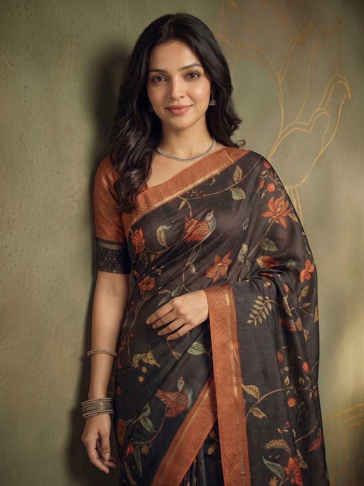 Grey Art Silk Printed Sarees