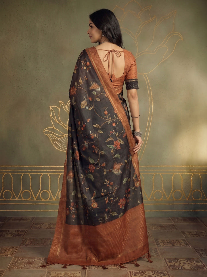 Grey Art Silk Printed Sarees