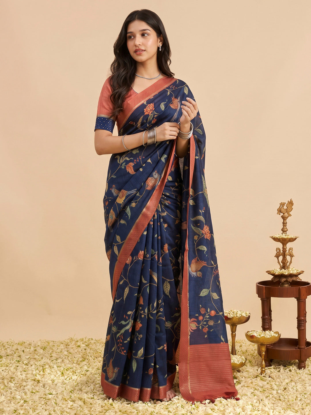 Navy Blue Art Silk Printed Sarees