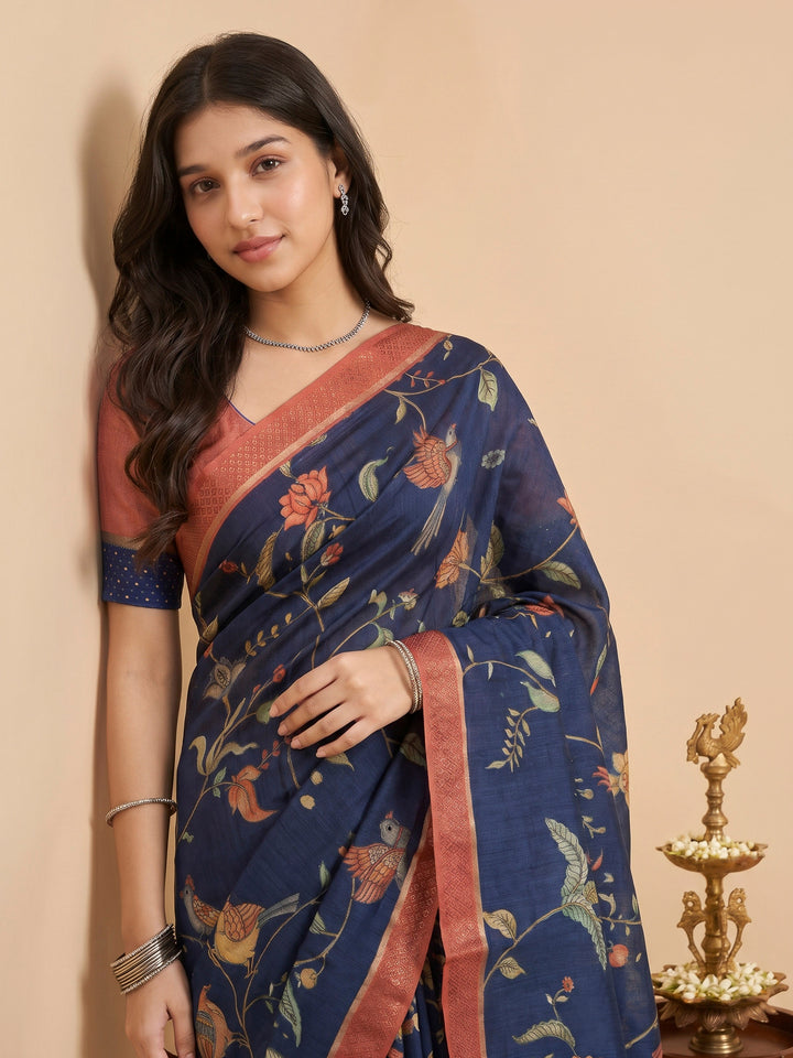 Navy Blue Art Silk Printed Sarees