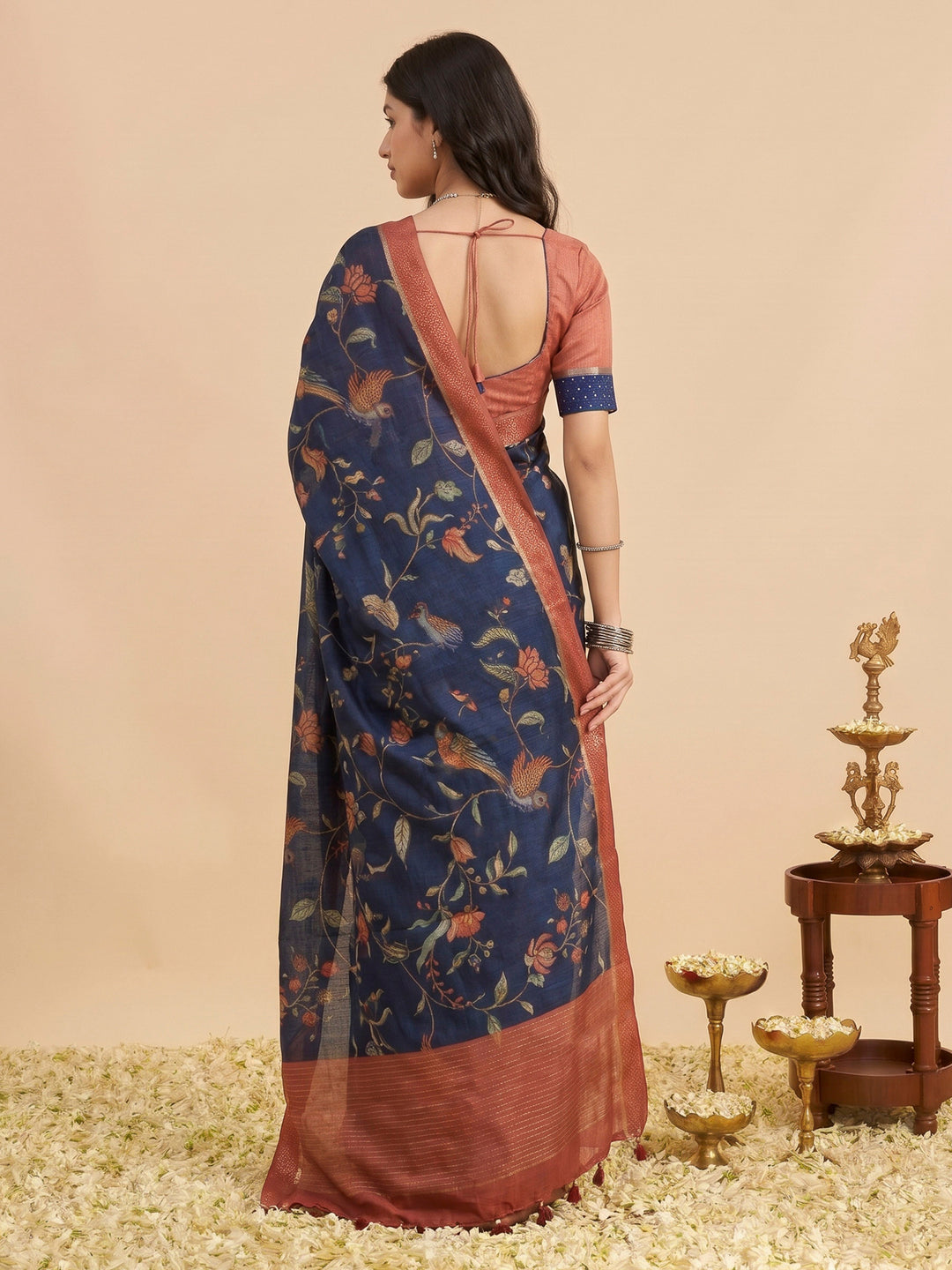 Navy Blue Art Silk Printed Sarees