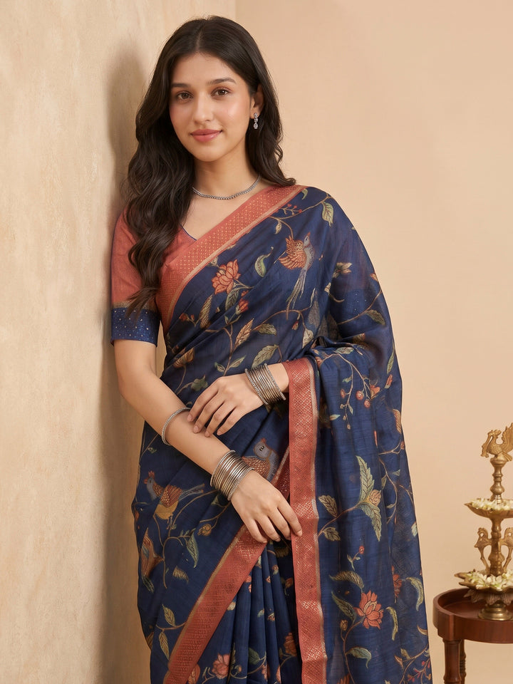 Navy Blue Art Silk Printed Sarees