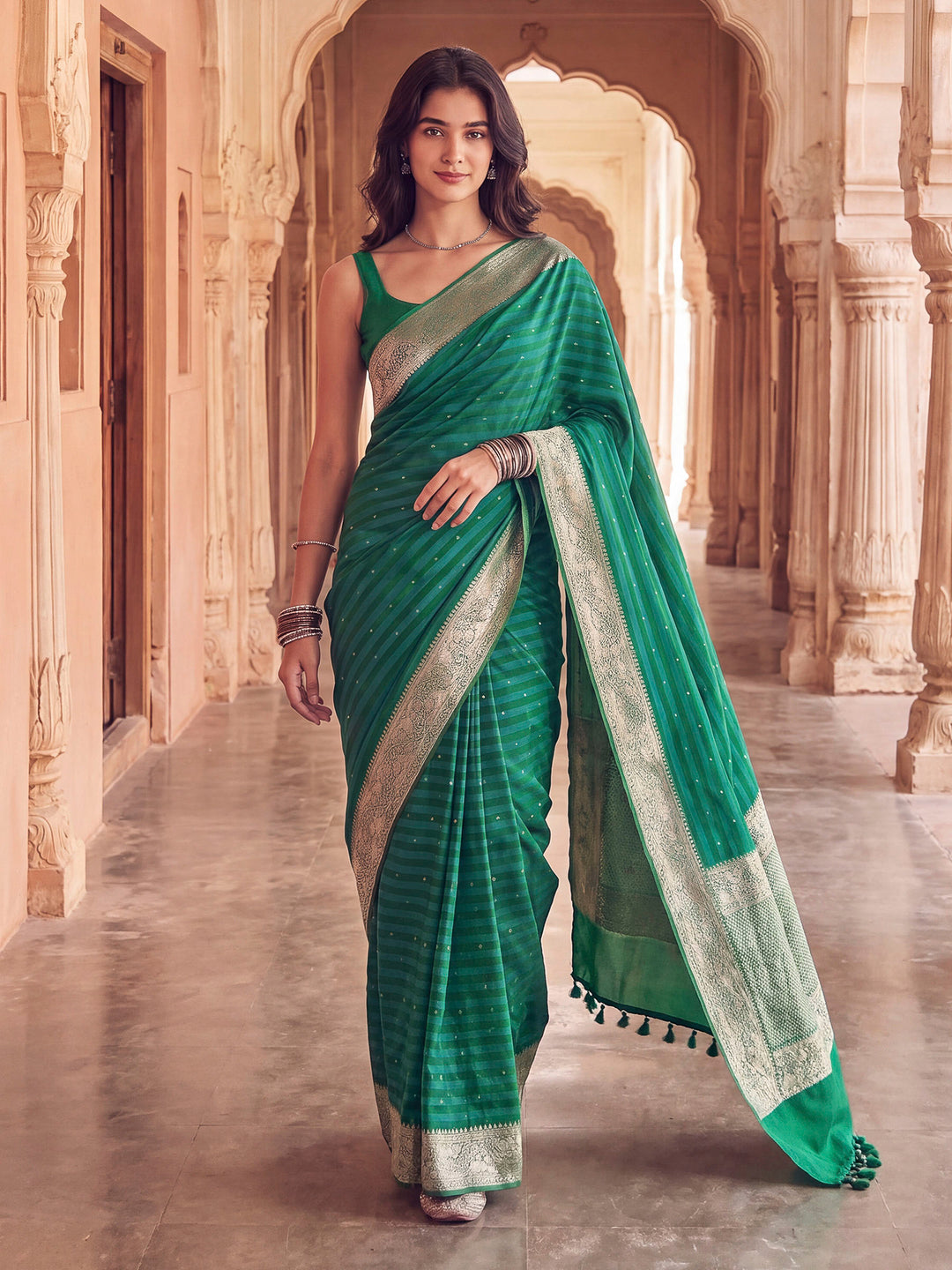 Rama Green Banarasi Woven Saree