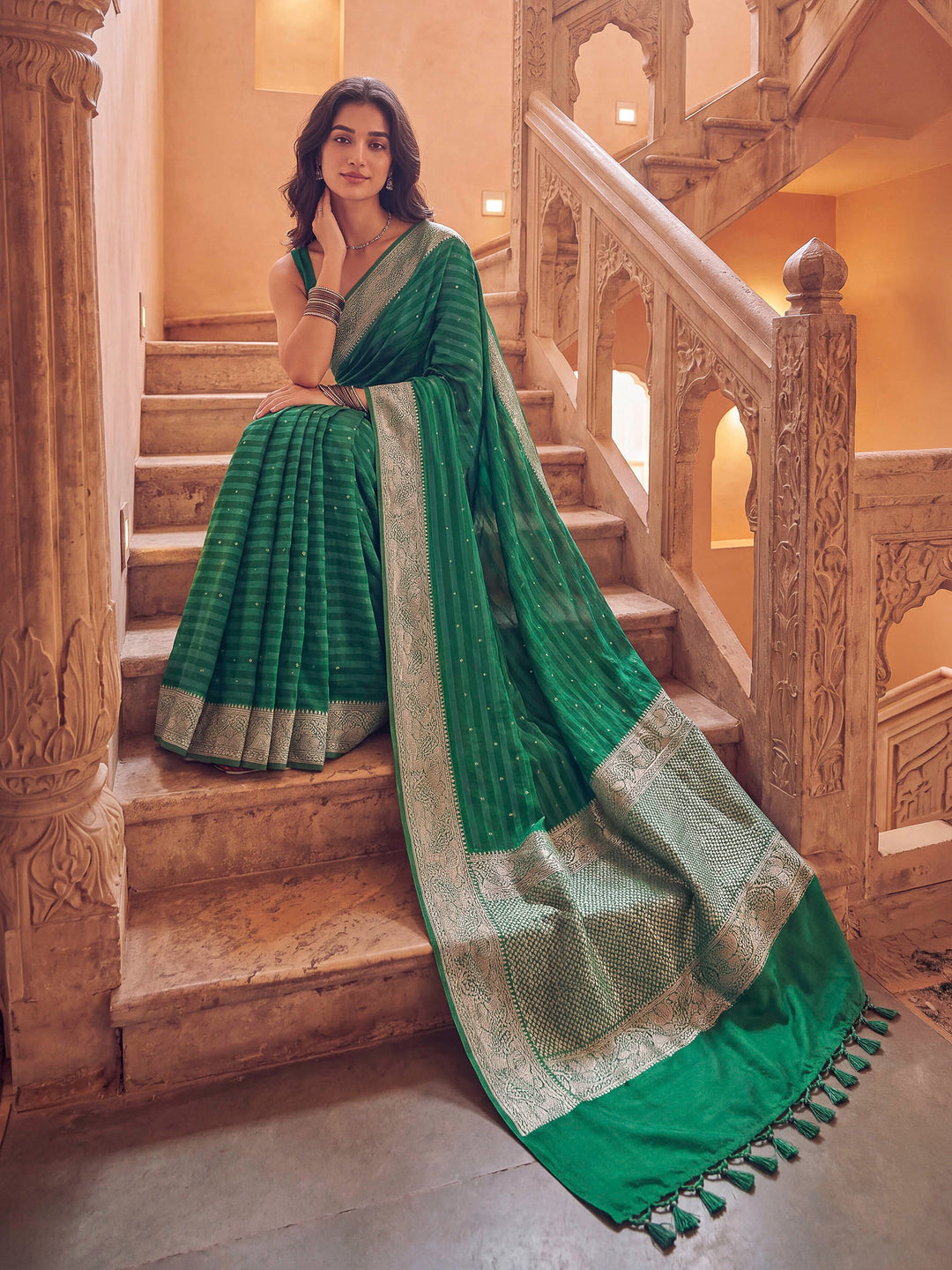 Rama Green Banarasi Woven Saree