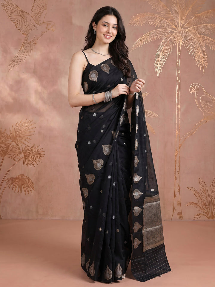 Black Cotton Blend Woven Saree