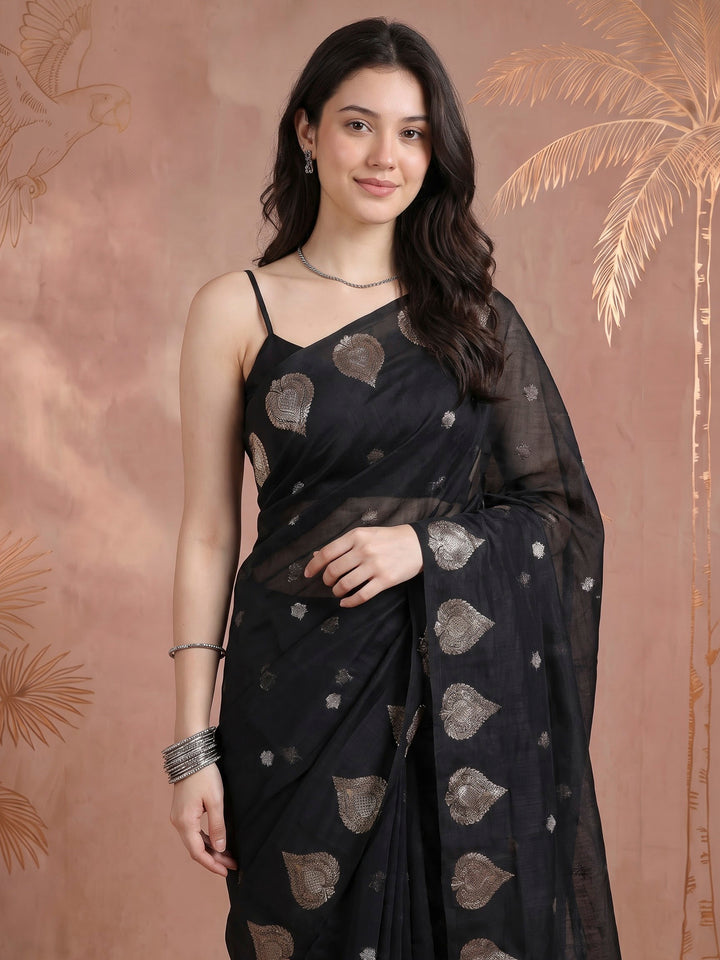 Black Cotton Blend Woven Saree