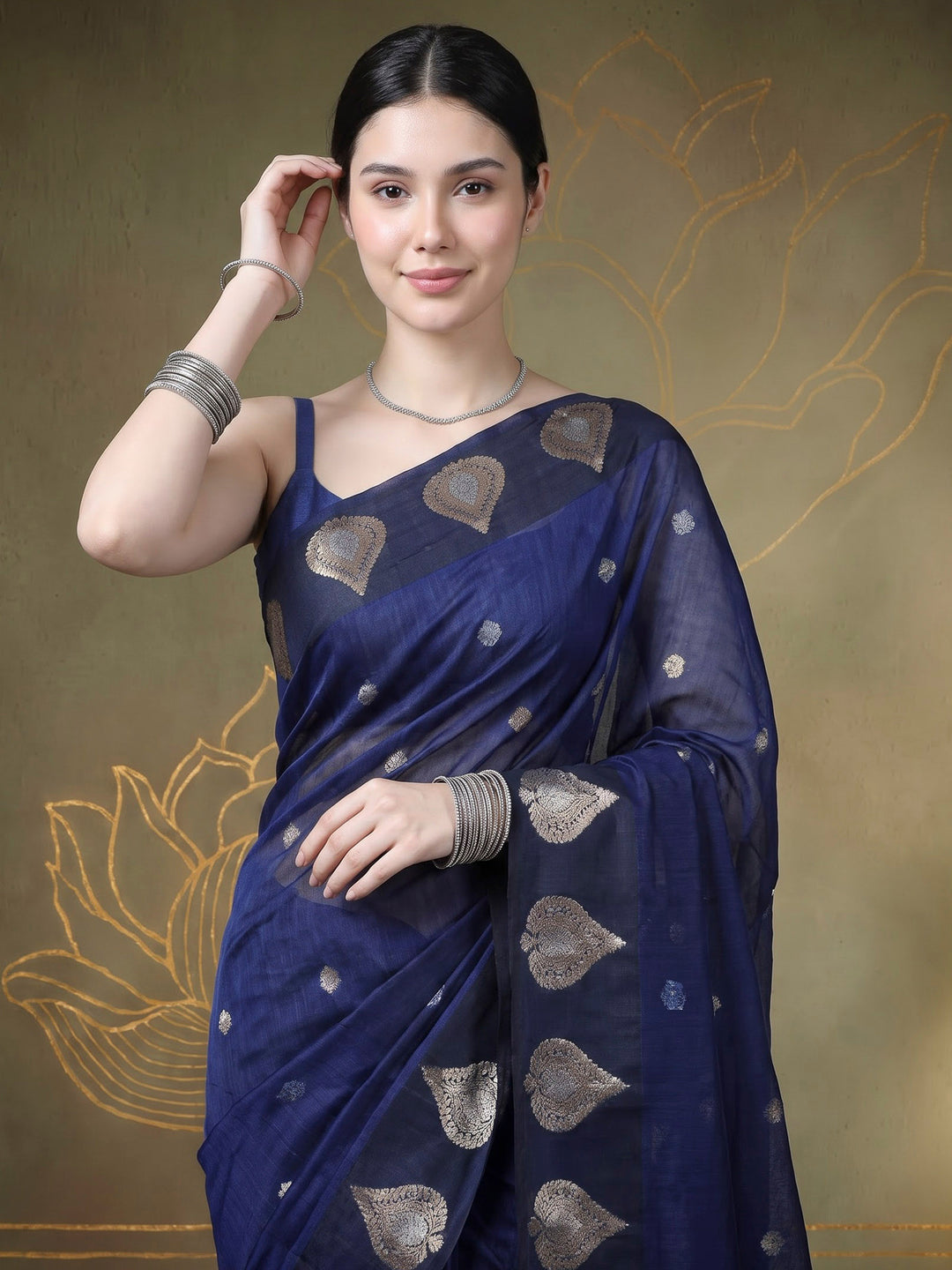 Navy Blue Cotton Blend Woven Saree