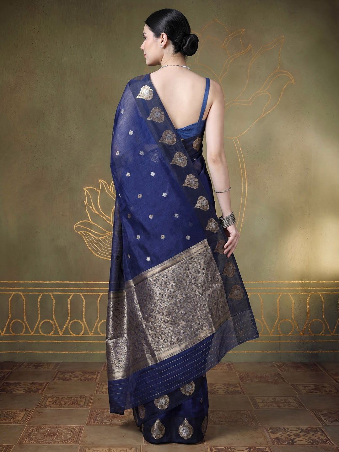 Navy Blue Cotton Blend Woven Saree