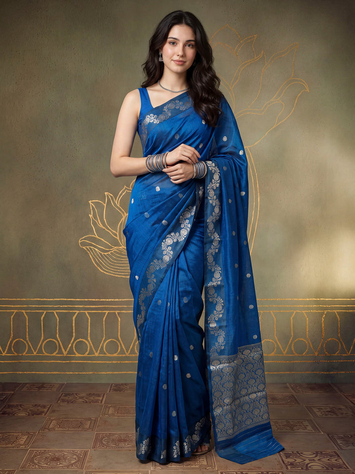 Blue Cotton Blend Woven Saree
