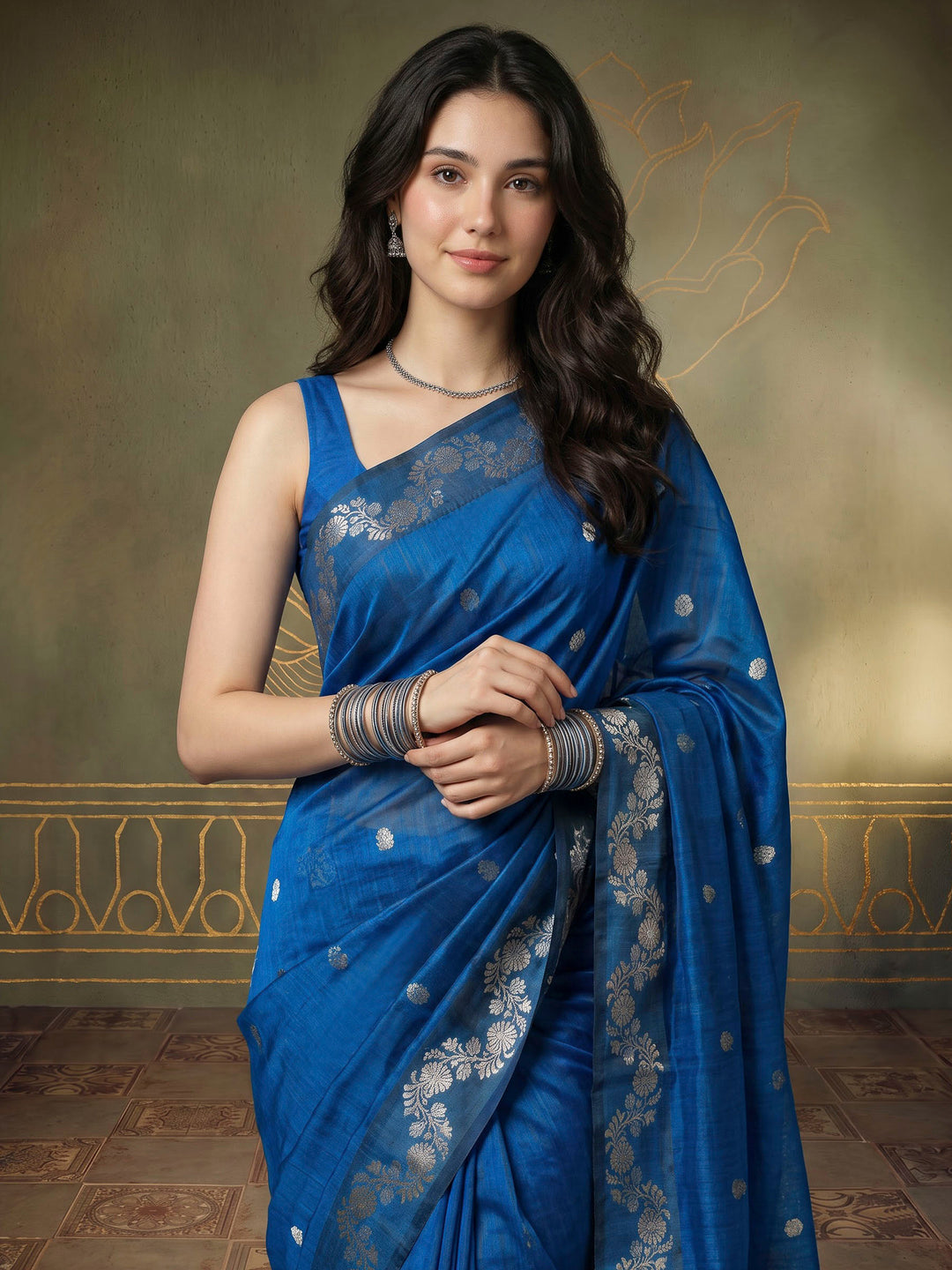 Blue Cotton Blend Woven Saree