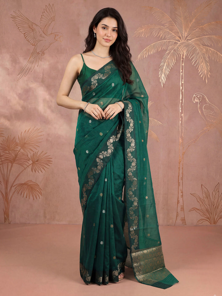 Green Cotton Blend Woven Saree
