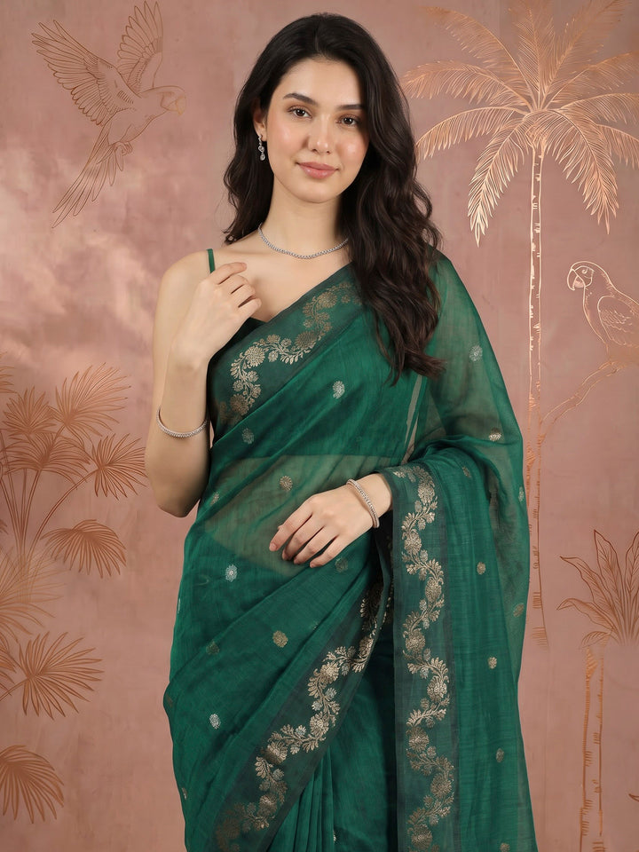Green Cotton Blend Woven Saree