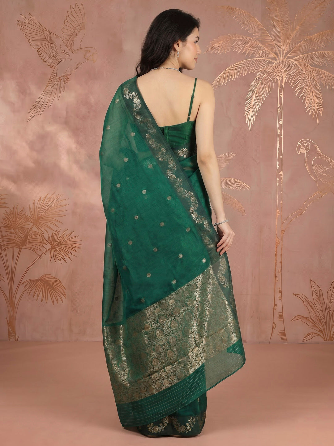 Green Cotton Blend Woven Saree