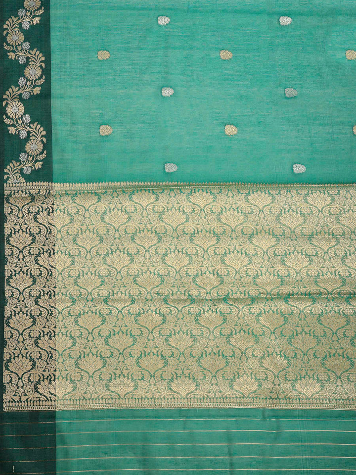 Green Cotton Blend Woven Saree