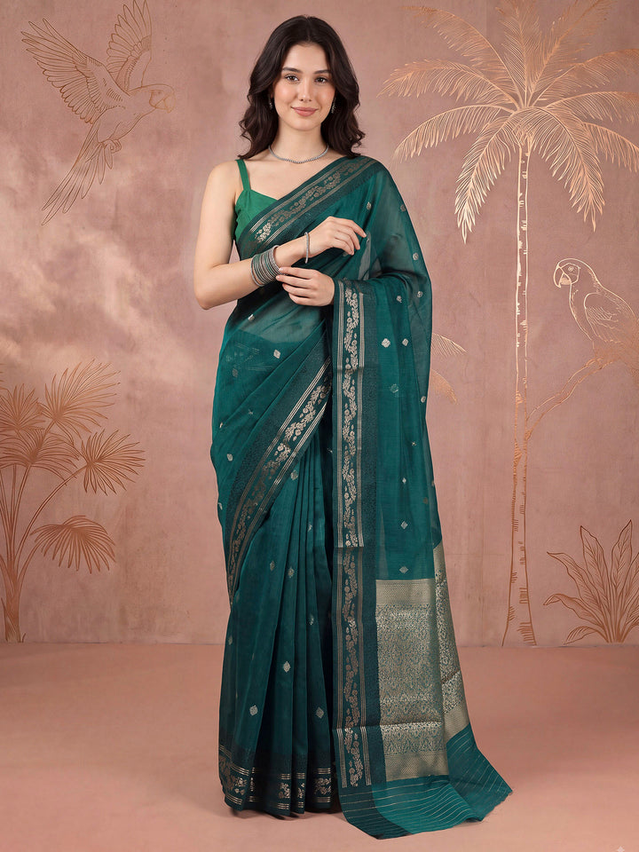 Green Cotton Blend Woven Saree