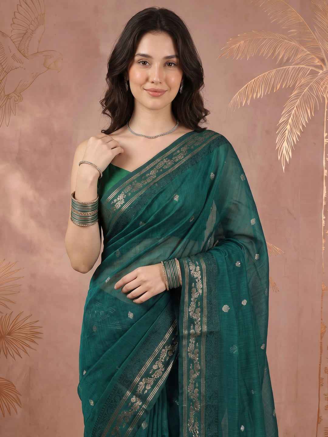 Green Cotton Blend Woven Saree
