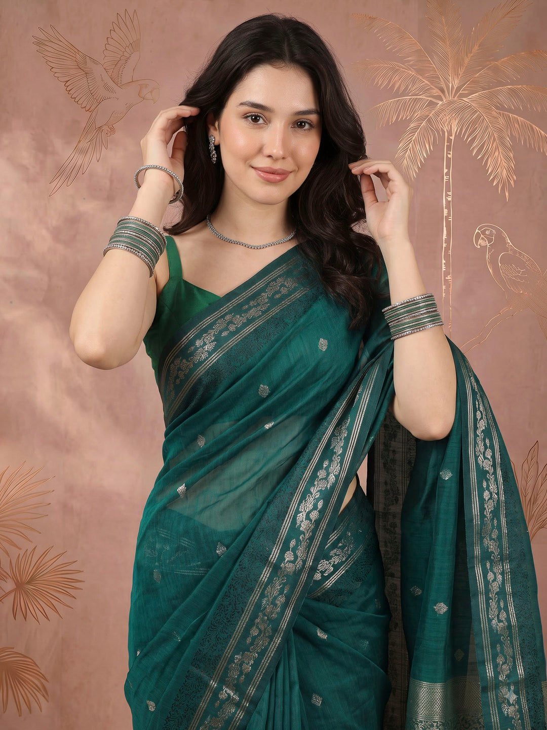 Green Cotton Blend Woven Saree