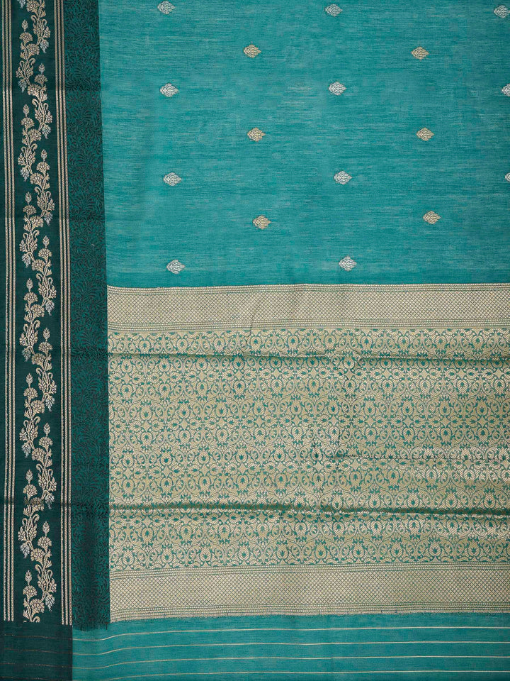 Green Cotton Blend Woven Saree