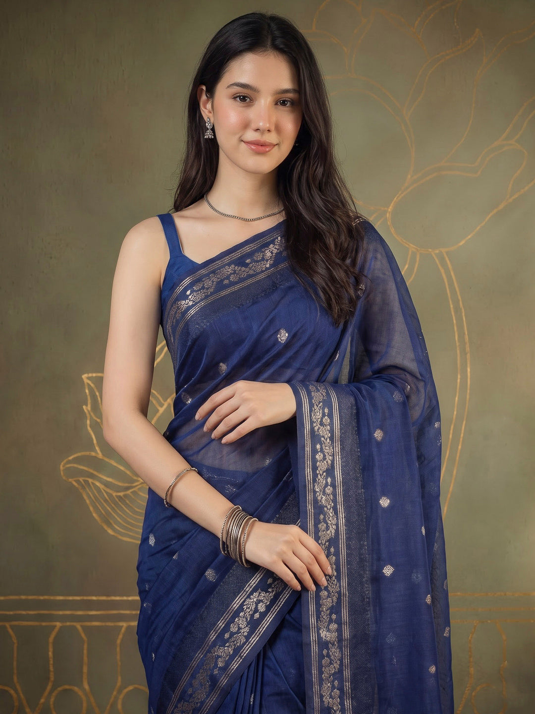 Navy Blue Cotton Blend Woven Saree