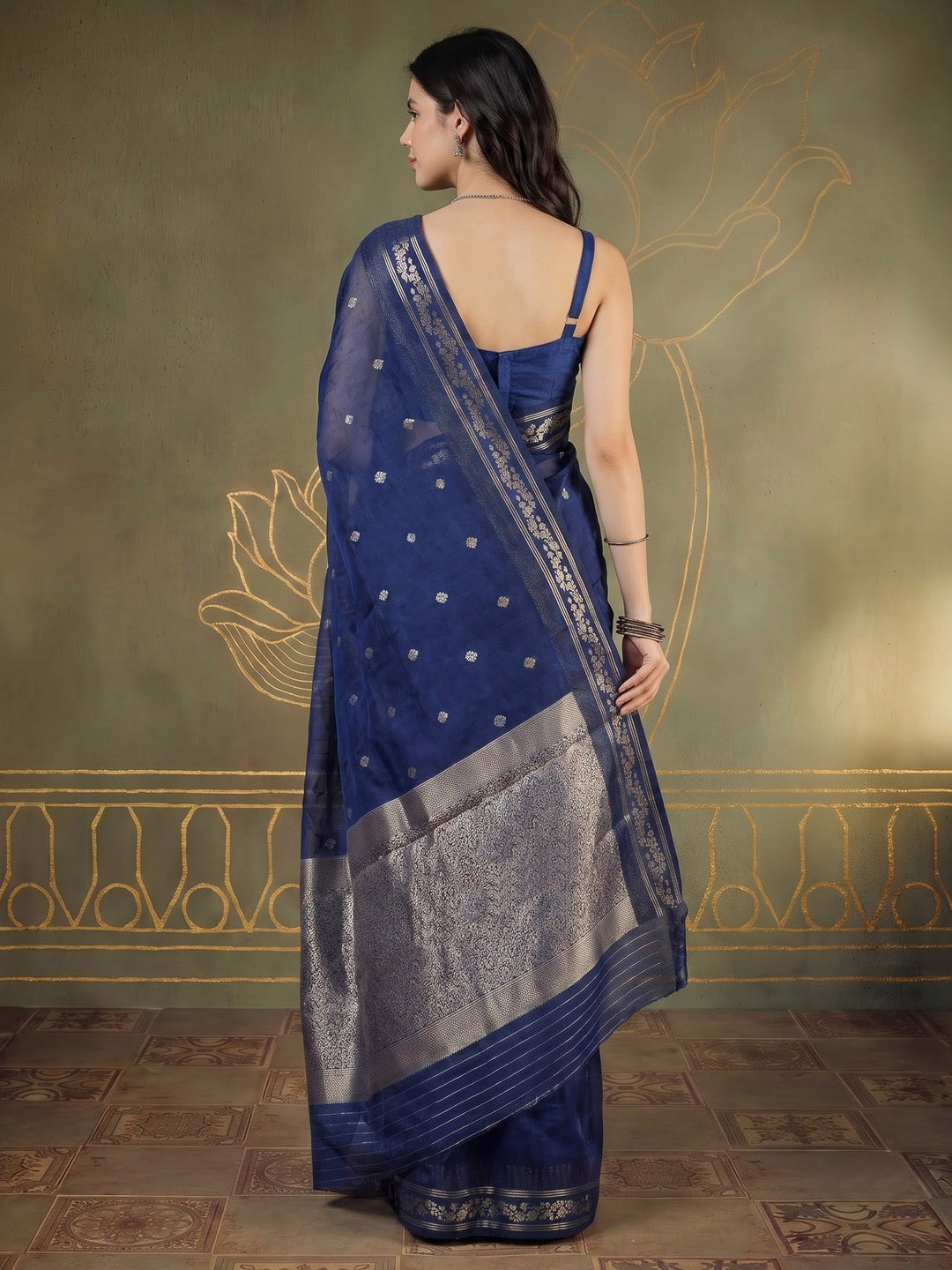 Navy Blue Cotton Blend Woven Saree