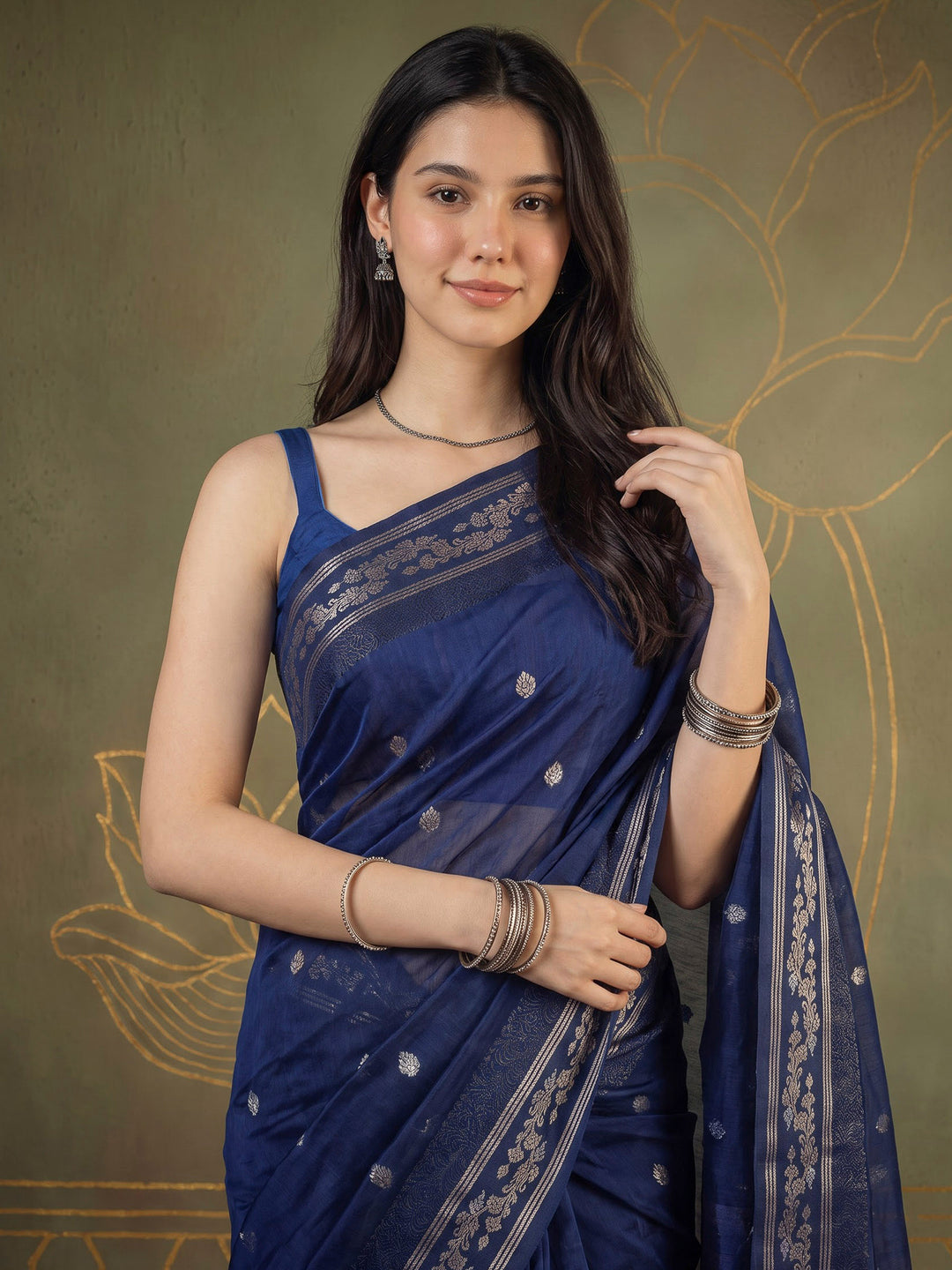 Navy Blue Cotton Blend Woven Saree