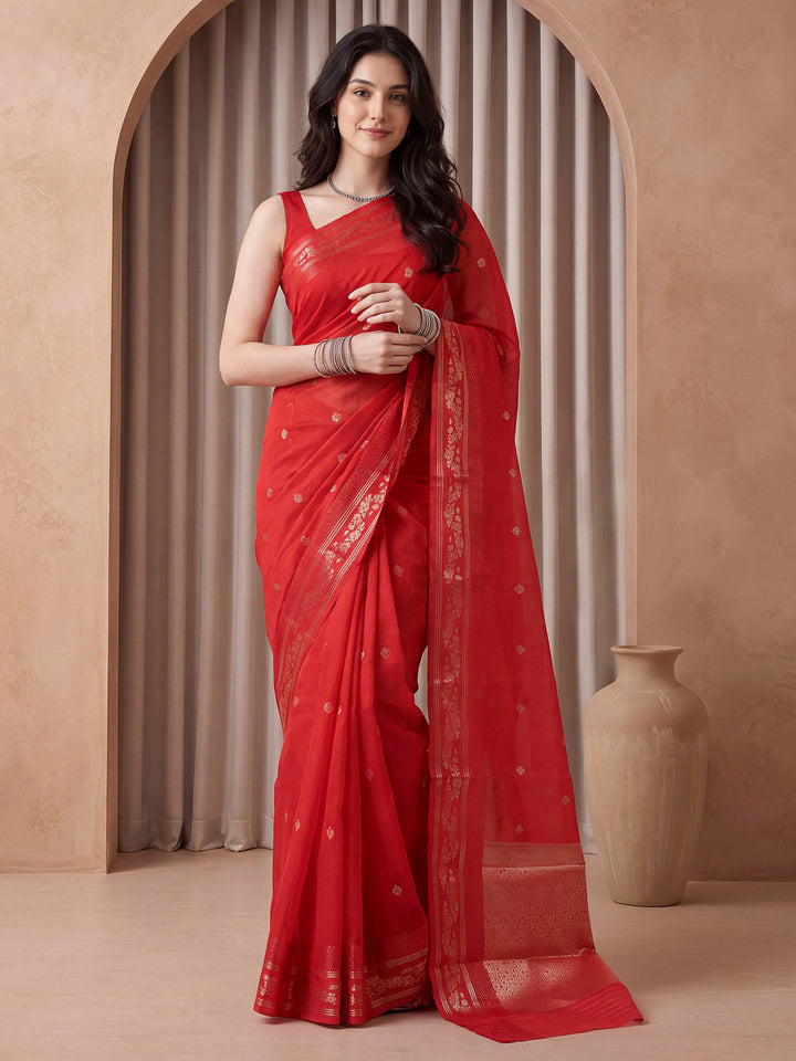 Red Cotton Blend Woven Saree