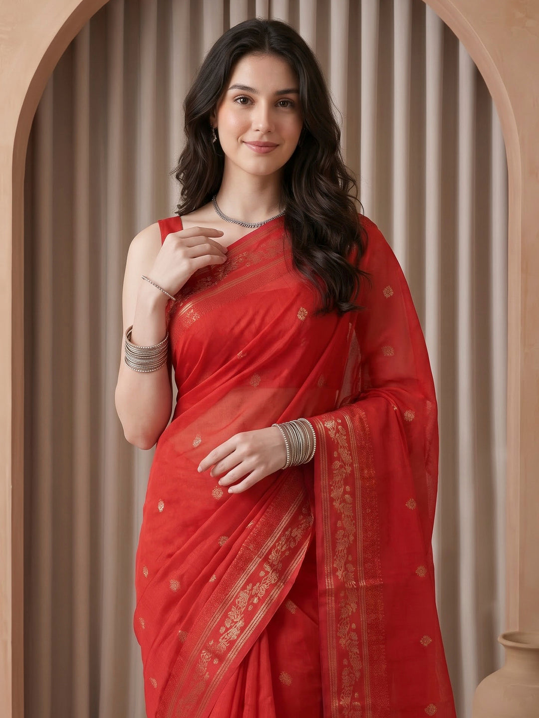 Red Cotton Blend Woven Saree