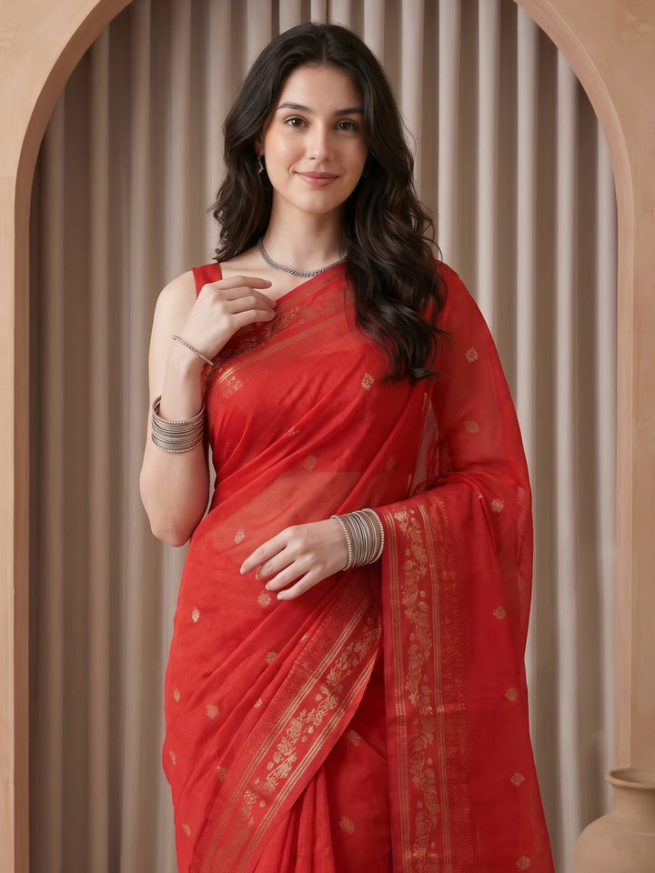 Red Cotton Blend Woven Saree