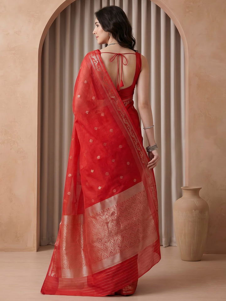 Red Cotton Blend Woven Saree