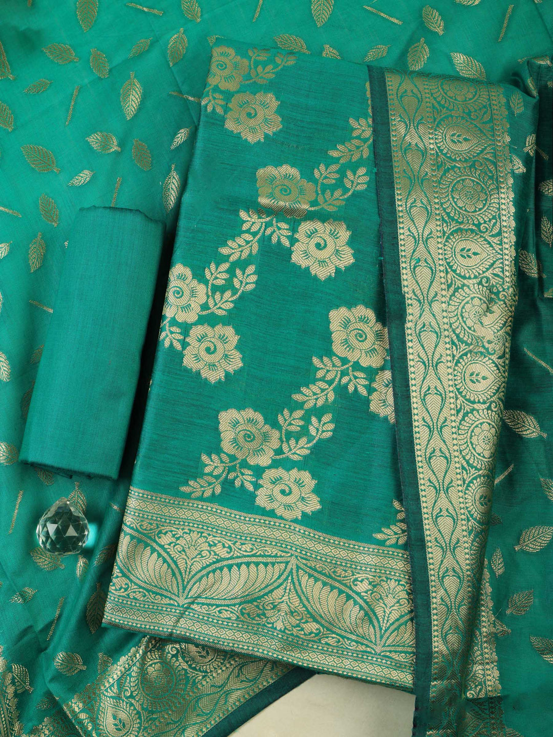 Green Chanderi Woven Design Unstitched Dress Material
