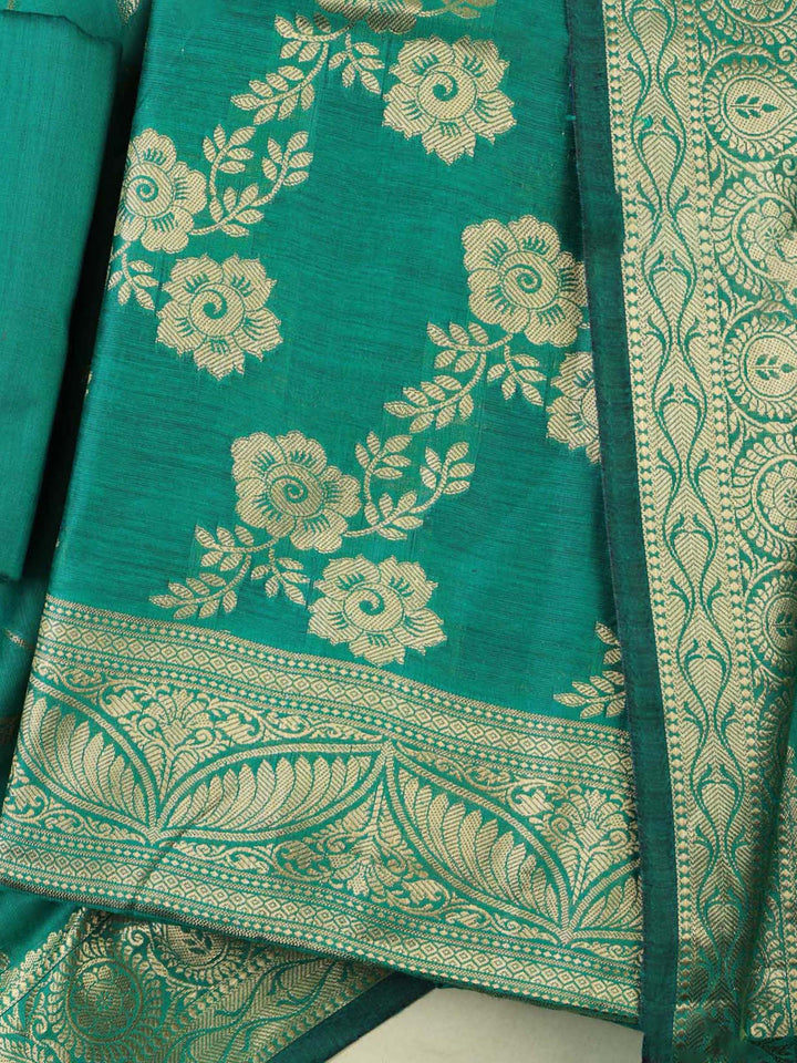 Green Chanderi Woven Design Unstitched Dress Material